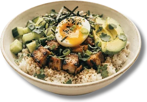 Pork chashu poke bowl with avocado and soft boiled egg
